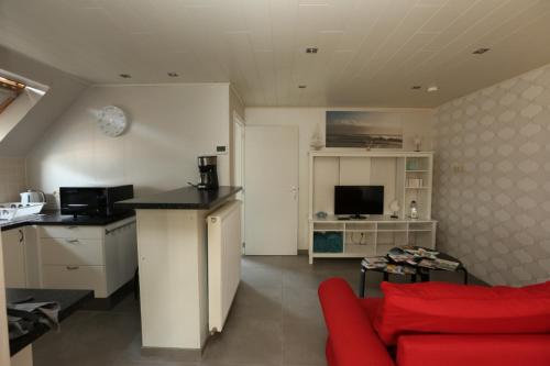 滨湖布雷德讷de Zeester的一间带红色沙发的客厅和一间厨房