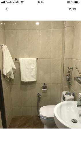 埃里温Уютная квартира около станции метро的浴室配有白色卫生间和盥洗盆。