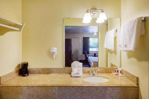 休斯顿Travelodge by Wyndham Houston Hobby Airport的一间带水槽和镜子的浴室