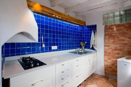 MasdacheEl Rincón的厨房设有水槽和蓝色瓷砖墙。