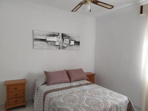塞特尼尔Alojamiento Rural Carmen的一间卧室配有一张床和吊扇