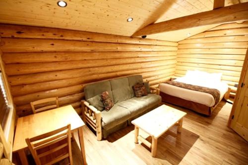 哈迪港哈迪港口小屋汽车旅馆的小木屋内的一个房间,配有一张床和一张沙发