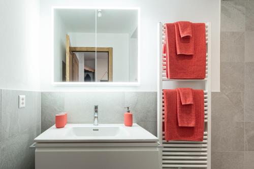 LadirBijou Ladir的浴室设有水槽、镜子和红色毛巾