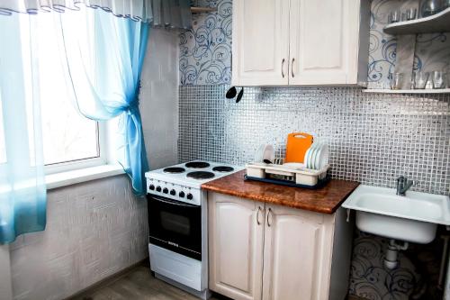 RakitnyyАпартаменты Зварыгина, 16的小厨房配有炉灶和水槽