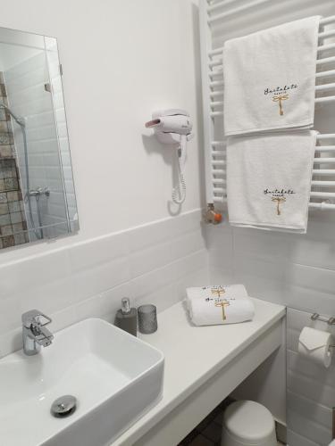 费尔特拉科什Szitakötő Panzió的浴室配有盥洗盆、镜子和毛巾