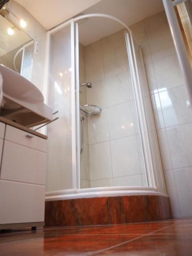 弗利斯Haus Gabriel的浴室里设有玻璃门淋浴