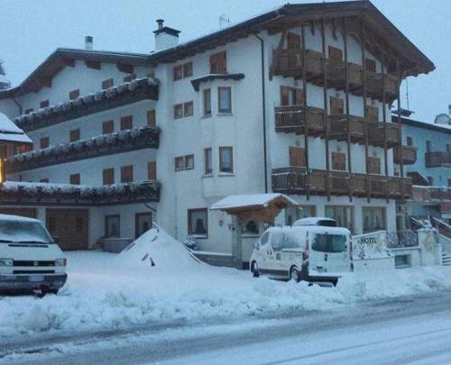 帕苏德尔托纳莱索莱酒店的一座白色的大建筑,汽车停在雪中