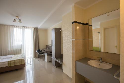 巴亚马雷塞内卡酒店的一间带水槽、床和镜子的浴室