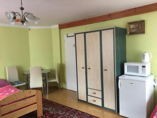 马达伯乐斯拉夫Modrý Pension的一间小客房,配有冰箱和微波炉