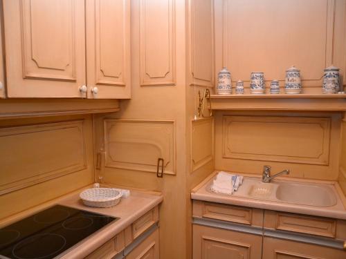 韦斯特兰Haus Schaper的厨房配有木制橱柜、水槽和柜台。