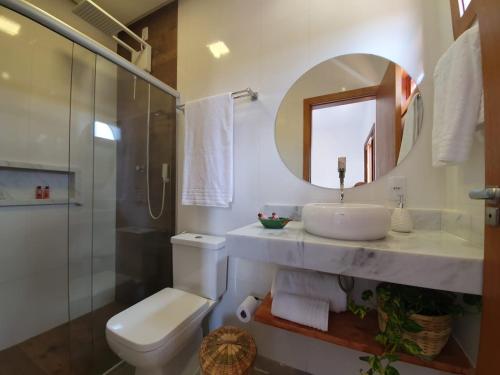 皮雷诺波利斯Pousada Vila Santa Maria的一间带水槽、卫生间和镜子的浴室