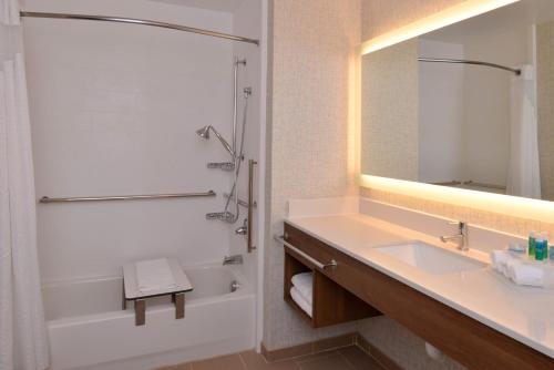 奥利安奥利安希尔顿恒庭酒店的一间带水槽、淋浴和镜子的浴室