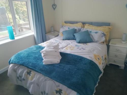 MereWedgewood Annexe - All the comforts of home的一张带蓝色毯子和蓝色枕头的床