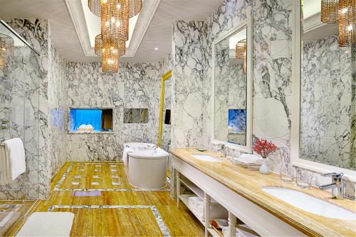 郑州河南中州皇冠假日酒店的一间带两个盥洗盆和大镜子的浴室