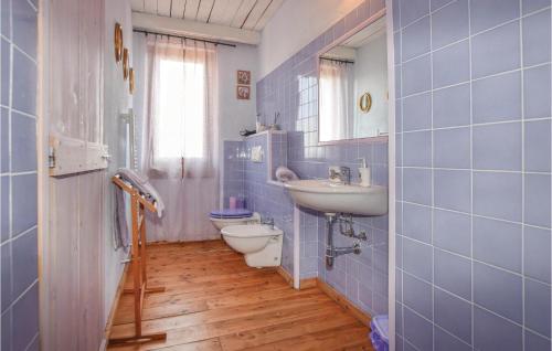 CastelnuovoNice Home In Castelnuovo Calcea With Kitchen的蓝色瓷砖浴室设有卫生间和水槽