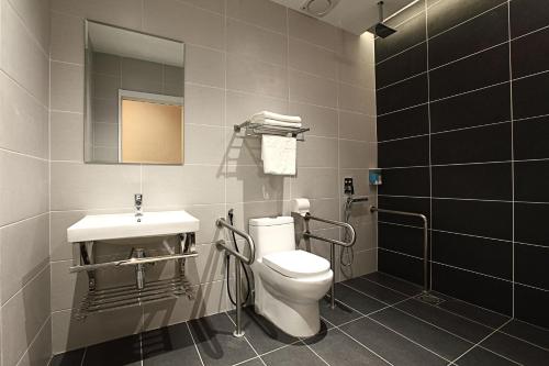 雪邦斯里安德酒店 的一间带卫生间、水槽和镜子的浴室