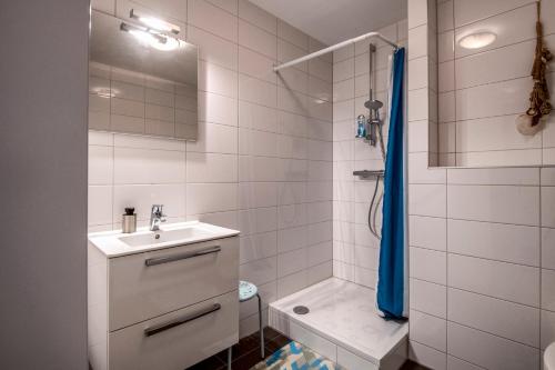 兹沃勒Stadslogement Bij de Sassenpoort的白色的浴室设有水槽和淋浴。