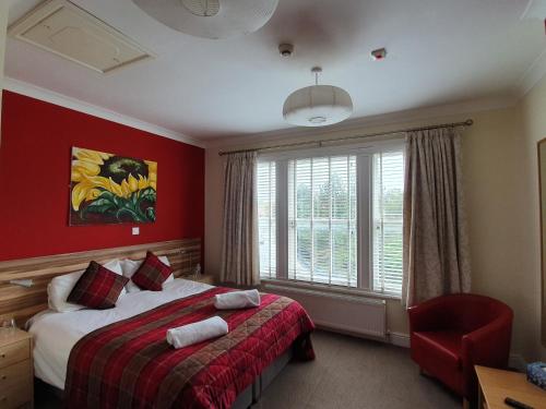 德比花盆宾馆的一间卧室设有一张床和红色的墙壁