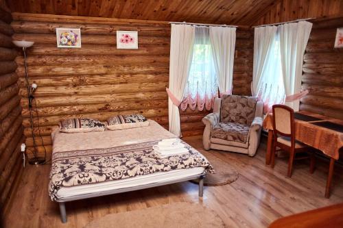 切尔尼戈夫Zolotoy Bereg Hotel的小木屋内一间卧室,配有一张床和一把椅子