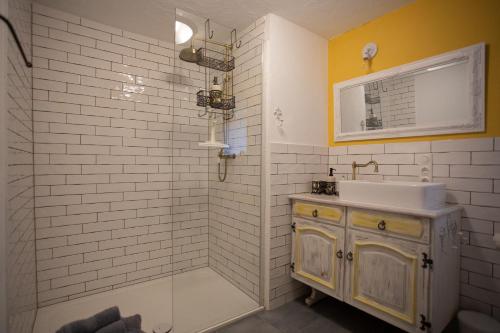 蒙绍HIER & JETZT in Monschau City的一间带水槽和淋浴的浴室