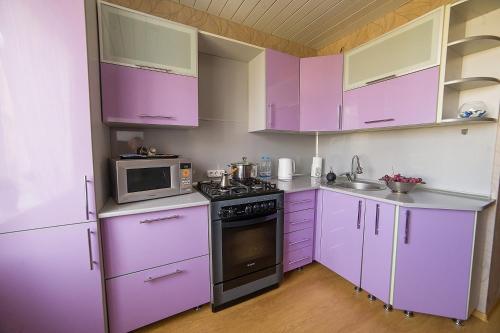 索利戈尔斯克PaulMarie Apartments on Molodeznaya的厨房配有紫色橱柜和微波炉