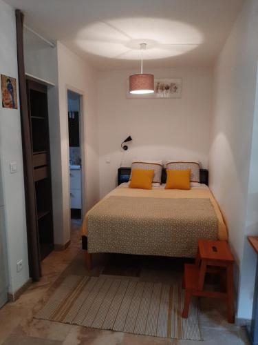 蒙彼利埃Studio Indépendant Millénaire的一间卧室配有带两个橙色枕头的床
