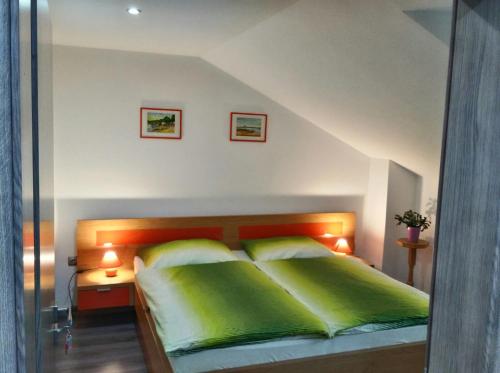 波普拉德Apartmán Tatry-Poprad的一间卧室配有一张带绿色枕头的床