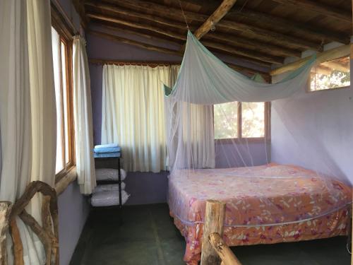 阿尤鲁奥卡Canto do Jacarandá (Casa no Vale do Matutu)的一间设有床铺的卧室,位于带窗户的房间内