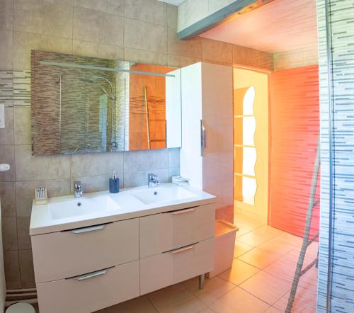 RenwezPaisible Maison entière 140m2 avec véranda vue sur la campagne的浴室设有白色水槽和镜子