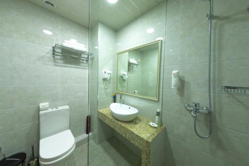 塔什干塞亚悠酒店的一间带水槽、卫生间和镜子的浴室