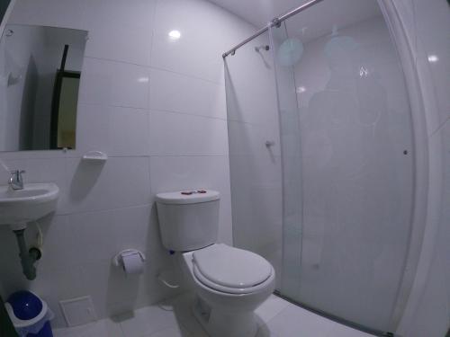 巴耶杜帕尔Hotel Kasvel的白色的浴室设有卫生间和淋浴。
