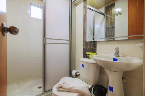 布卡拉曼加Hotel El Rubí的带淋浴、卫生间和盥洗盆的浴室