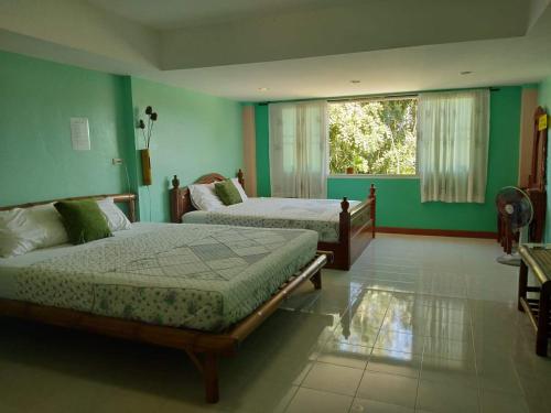 蔻立Green Home的一间卧室设有两张床和窗户。