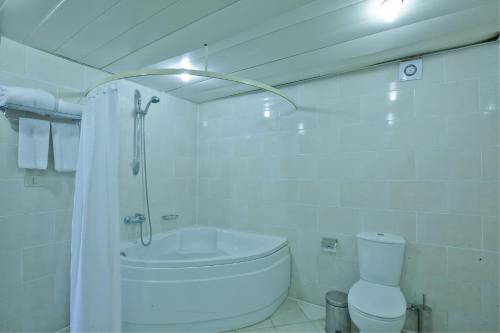 艾因苏赫纳Porto Sokhna Pyramids Apartments By Amer-Group的带淋浴和卫生间的白色浴室