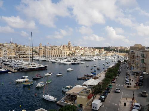 森格莱阿Entire Senglea Seaview Town house的水中和建筑物中都有船只的港口