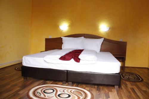 普雷代亚尔Cabana Veche Trei Brazi的一间卧室配有一张床铺,床上铺有红色毯子