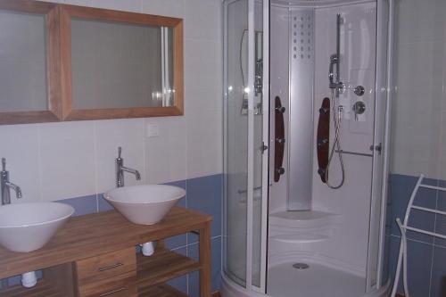 Audignon拉尔雷住宿加早餐旅馆的浴室设有2个水槽和带玻璃门的淋浴。