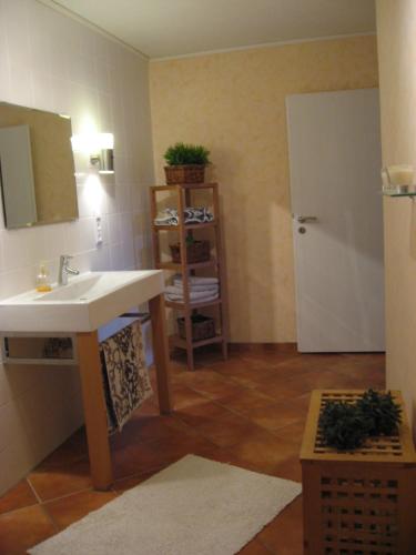 科布伦茨Willkommen zuhause! Welcome home!的一间带水槽、镜子和门的浴室
