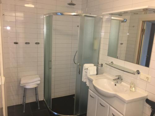 凯夫拉维克Sol apartment的带淋浴、盥洗盆和镜子的浴室
