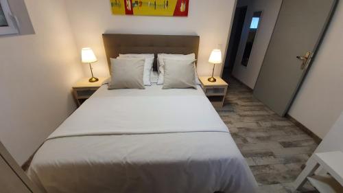 弗勒里莱欧布赖"LE TRAMWAY" Appartement 150m gare des Aubrais的一间卧室配有一张带两盏灯的大型白色床。