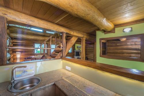 KopačevoBaranjska eko drvena kuća的一个带水槽和木制天花板的厨房