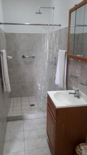 下博克特Aparthotel Boquete Apartments的带淋浴和盥洗盆的浴室