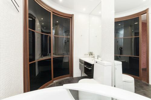 秋明Aparthotel Daudel Tyumen Center的一间带卫生间、水槽和镜子的浴室