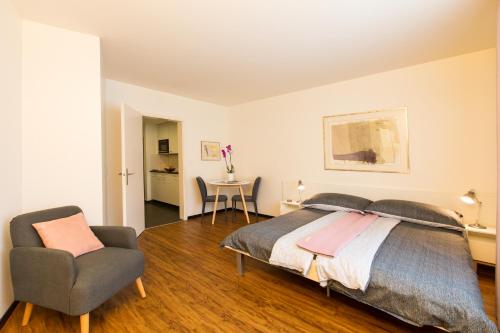 巴塞尔Apartmenthaus zum Trillen Basel City Center的一间卧室配有一张床、一把椅子和一张桌子