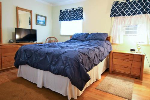 彭延Marina Vista的一间卧室配有一张带蓝色棉被的床和一台电视