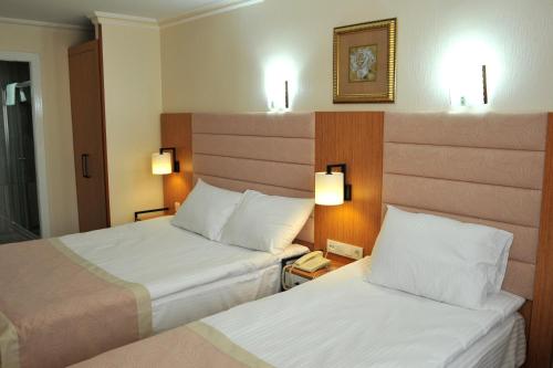 安卡拉Lion City Hotel Ankara的酒店客房设有两张床和电话