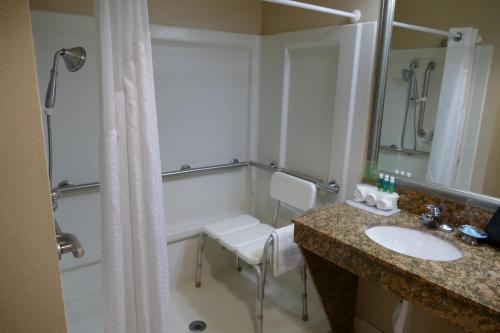 Greensburg格林斯堡智选假日酒店的一间带水槽、卫生间和淋浴的浴室