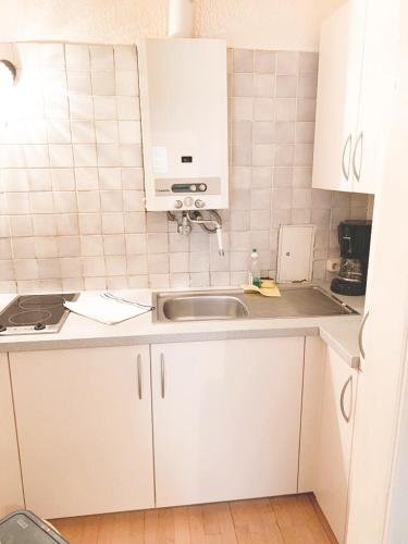 维也纳Pension Huber - Apartement Wien 20的厨房配有白色橱柜和水槽