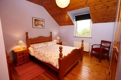 GraiguenamanaghMount Brandon Cottages Graiguenamanagh的卧室配有床、椅子和窗户。