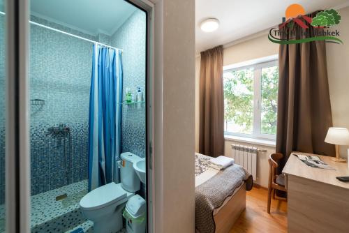 比什凯克Tiny Hotel Bishkek的带淋浴、卫生间和盥洗盆的浴室